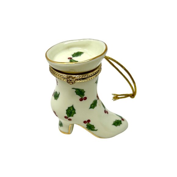 Porcelain Victorian Shoe Christmas Ornament & Trinket Box with‎ Holly & Berries - Picture 1 of 8